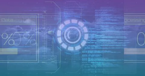 Image of data, digital screens and processing circle on blue and violet Foto stock