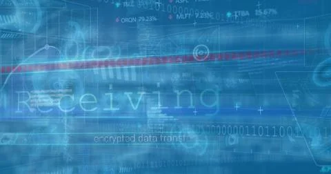 Image of data, digital screens, graphs and texts on blue background 写真素材