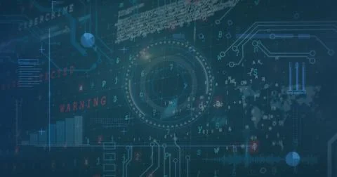 Image of data, digital screens, graphs and texts on navy background Foto stock