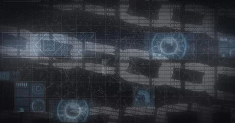 Image of data on digital screens moving over block chain and black background Illustrazione stock