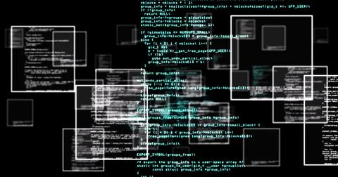Image of data in floating frames processing on black background Stock Illustration