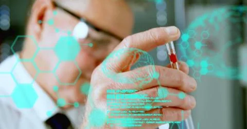 Image of data flowing over a mid section view of a male laboratory worker Foto stock