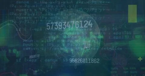 Image of data, globe, numbers and graphs on navy background Foto stock