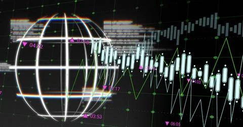Image of data, graphs and globe on black background 스톡 일러스트