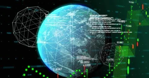 Image of data, graphs and globe on black background Stock Illustration