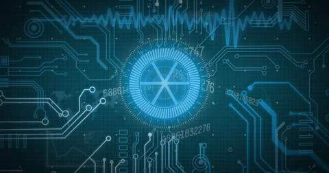 Image of data with hud processing, circles on digital interface Stockfoto's