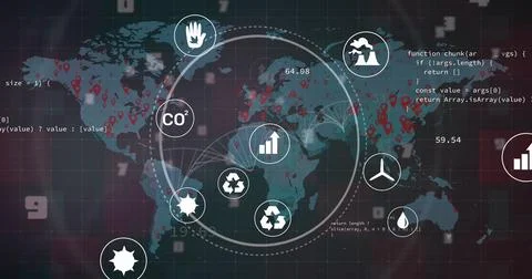 Image of data, icons and world map on black background イラスト素材