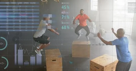 Image of data on interface over diverse male group jumping on boxes cross 写真素材