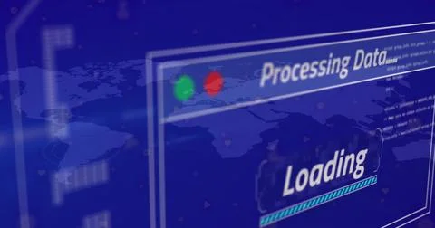 Image of data loading and processing text over screen and world map Stock Photos