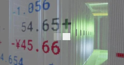 Image of data loading squares and financial data processing over server room Stock Photos