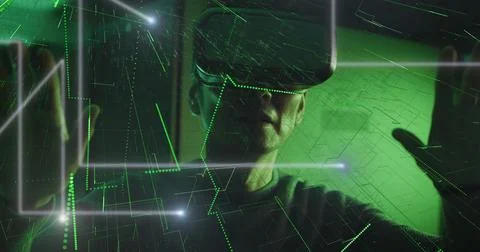 Image of data over male it engineer with vr headset by computer server Foto stock