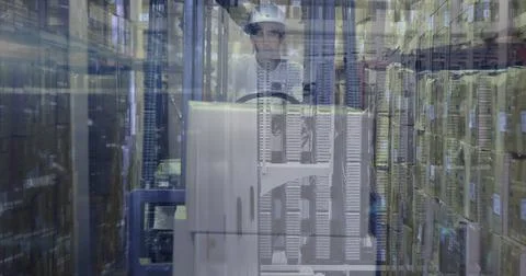 Image of data over male warehouse worker and servers Stock Photos