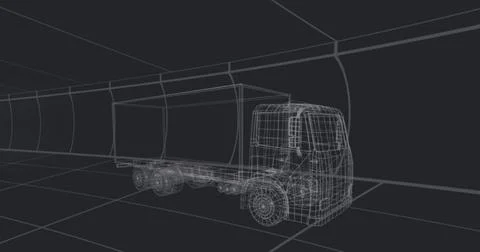 Image of data processing 3d car model over grid on black background 스톡 사진