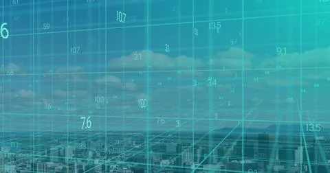 Image of data processing on 3d grid over buildings in modern cityscape イラスト素材