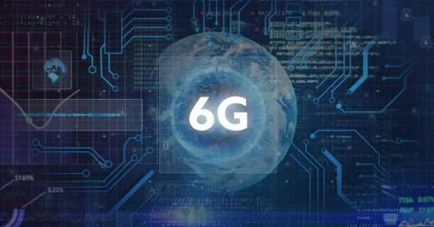 Image of data processing with 6g over globe on black background Illustrazione stock