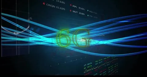 Image of data processing with 6g over light trails on black background 写真素材