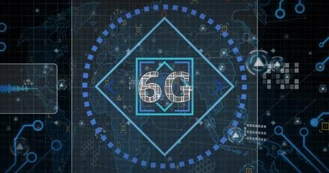 Image of data processing with 6g text over world map on black background 写真素材