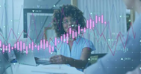 Image of data processing on african american woman with document talking to Stock Photos