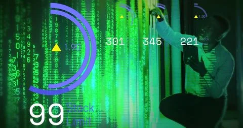 Image of data processing with african american it technician by computer servers Stock Photos