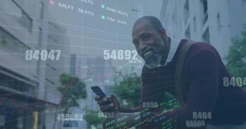 Image of data processing against african american man using smartphone on the Foto stock
