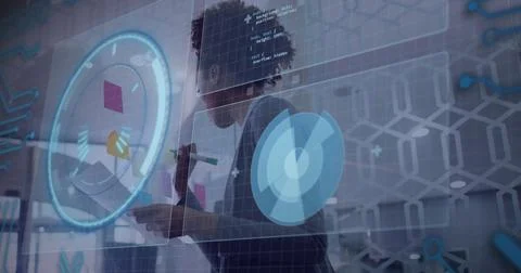 Image of data processing against african american woman wiriting on memo notes Stockfoto's