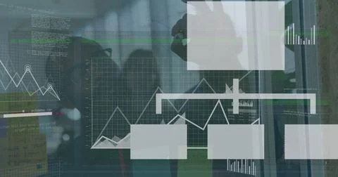 Image of data processing against african american man writing on glass board at Stock Photos
