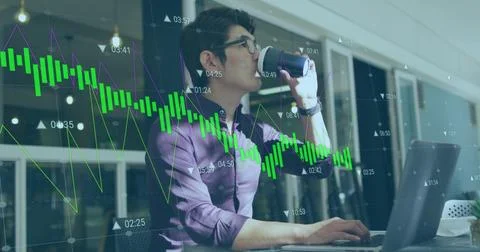 Image of data processing against asian man drinking coffee while using laptop at Stock Photos
