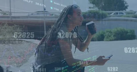 Image of data processing against biracial man using smartphone and drinking Stock Photos