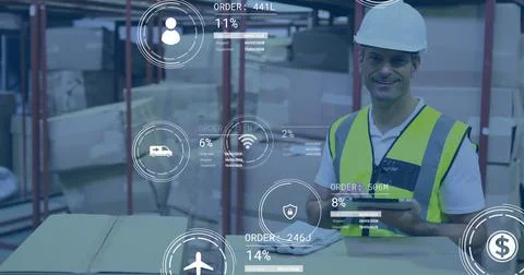 Image of data processing against caucasian male worker using tablet checking Foto stock