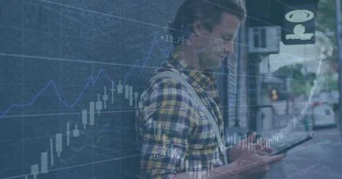 Image of data processing against caucasian man using digital tablet on the Stock Photos