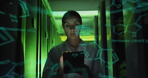 Image of data processing against caucasian female engineer using digital tablet 스톡 사진