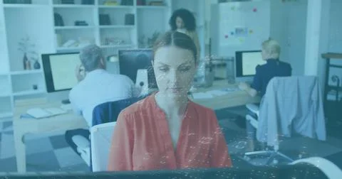 Image of data processing against caucasian woman using computer at office 스톡 사진