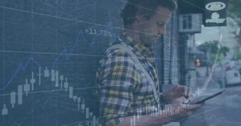 Image of data processing against caucasian man using digital tablet on the Stock Photos