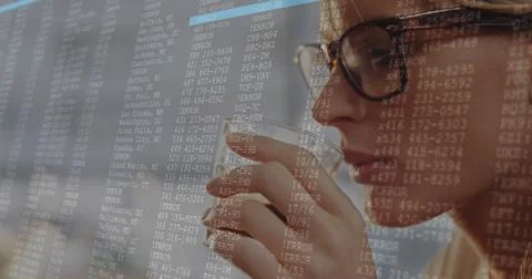 Image of data processing against close up of a caucasian woman drinking coffe Stock Photos