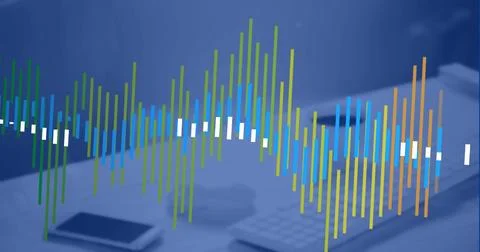 Image of data processing against close up of a office desk Foto stock