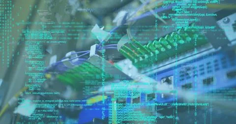 Image of data processing against close up of computer server Stock Photos