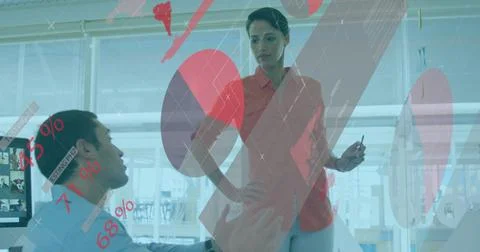 Image of data processing against diverse man and woman discussing over whit.. 스톡 사진