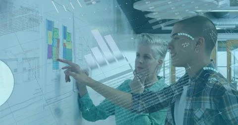 Image of data processing against diverse man and woman discussing over memo Stock Photos