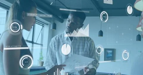 Image of data processing against diverse man and woman discussing over document Stock Photos