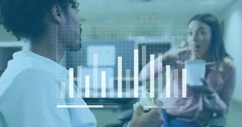 Image of data processing against diverse man and woman discussing while having Stock Photos