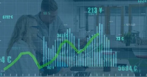 Image of data processing against diverse man and woman smiling looking at 库存照片