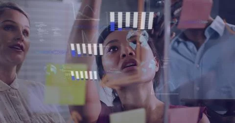 Image of data processing against diverse colleagues discussing over memo notes 库存照片