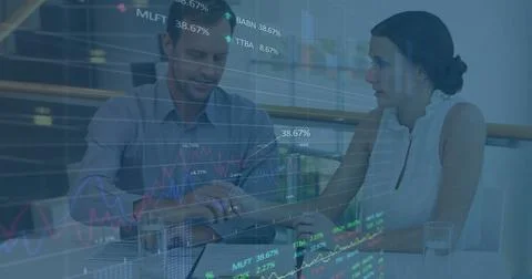 Image of data processing against diverse businessman and businesswoman Stockfoto's