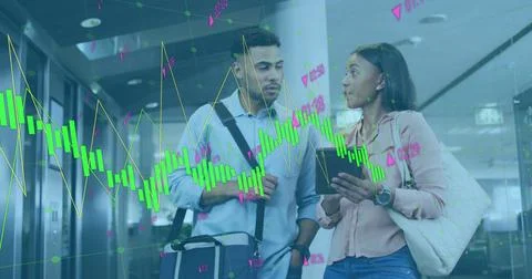 Image of data processing against diverse man and woman discussing over a tablet Stock Photos