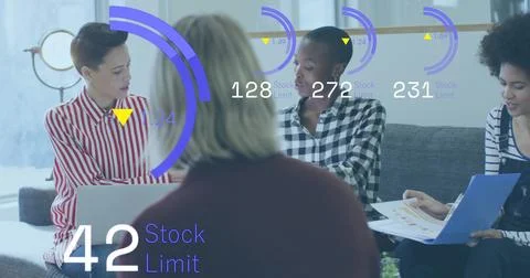 Image of data processing against diverse colleagues passing a document at office Stock Photos