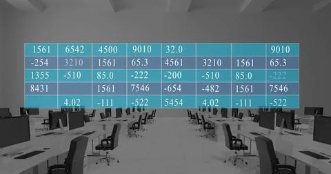 Image of data processing against empty desks in office Stock Photos