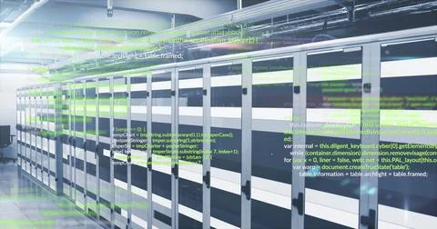 Image of data processing against light trails over computer server room Stock Photos