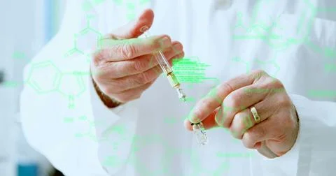 Image of data processing against mid section of male scientist injecting syringe Foto stock
