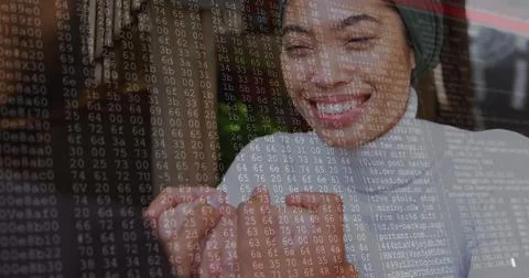 Image of data processing against mid section of a man holding hands of woman in Stock Photos