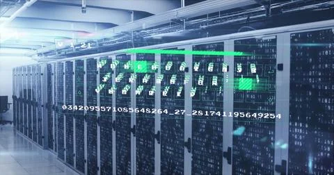 Image of data processing against mosaic squares over computer server room Stock Photos